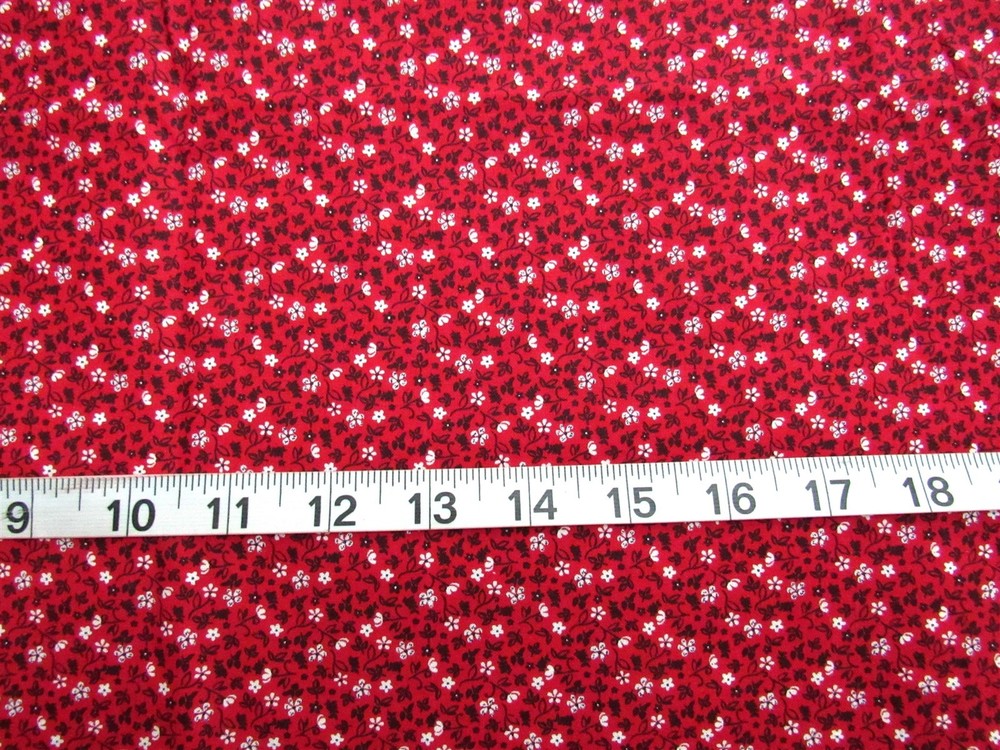 1/2 yd Cotton Fabric Red with White Flowers & Black Stems