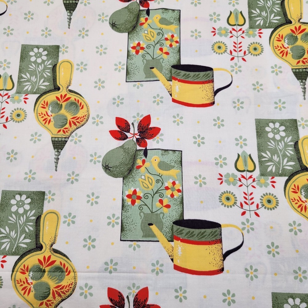 Vintage Kitchen Cotton Fabric Watering Can Floral Print 1 Yard x 66 Inches