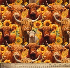 Whimsical Highland Cows, Cow, Flowers Fabric! 1yd•BTY•Cotton•So Cute! Fast Ship!