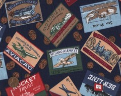 Robert Kaufman Vtg Travel Poster Sticker Quilt Fabric Ocean Liner Plane Train