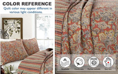 Red Orange Vintage Reversible 100% Cotton 3-Piece Quilt Bedding Set, Coverlet Be