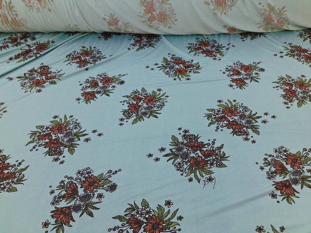 Printed DTY Spandex Stretch Apparel Fabric Slate Blue Rust Orange Floral J220