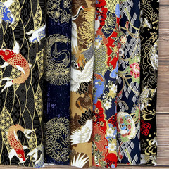 Japanese Fabric Squares 6 Pcs, 6 Different Black Wrapping Cloth Fish Floral Red
