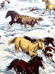 Horses In The Snow, Snowy Canyon. Grey. Brown. Tan.White Cotton Fabric Per Yard