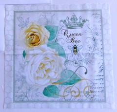 Cotton Fabric Pic A Queen Bee and Flowers Square is 10 1/4″ L x 10″ W Cream Bkg