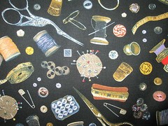 SEWING ITEMS THREAD SCISSORS MEASURING TAPE PIN CUSHION BLACK COTTON FABRIC FQ