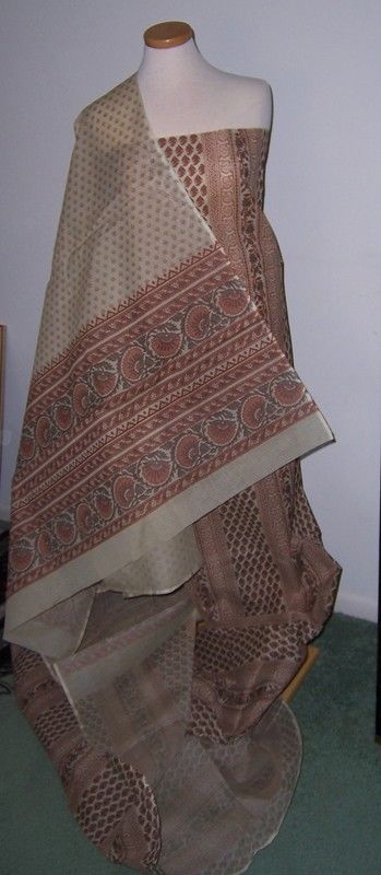 5yds INDIAN BLOCK PRINT LOOK FABRIC W/ SHAWL PRINT TO MATCH BEIGE GREENS ETC