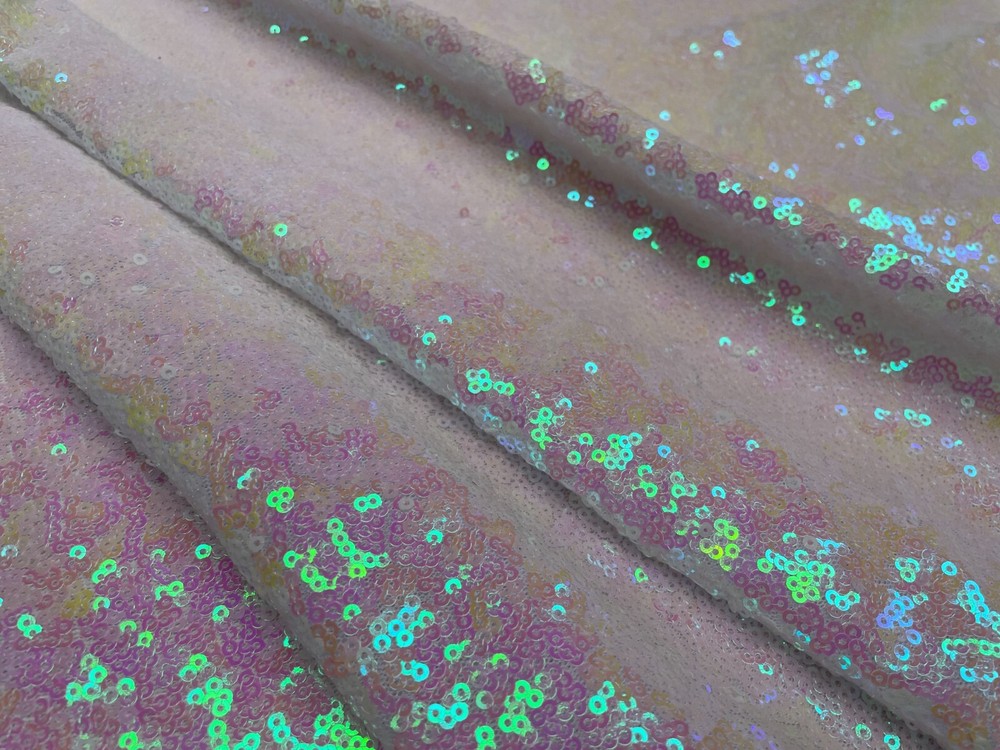 3mm Sequin Fabric Material Sparkling Sequins 120cm Wide Iridescent Pink & White