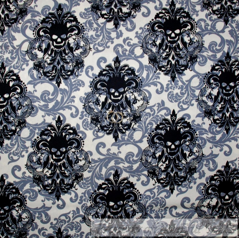 BonEful Fabric FQ Cotton Quilt White Black B&W Gray Skull Skeleton Damask Flower