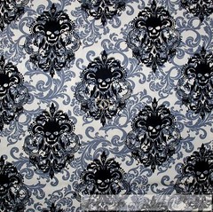 BonEful Fabric FQ Cotton Quilt White Black B&W Gray Skull Skeleton Damask Flower