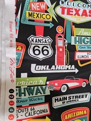 Route 66, Cotton w/black background, M’ Liss, $8 yd