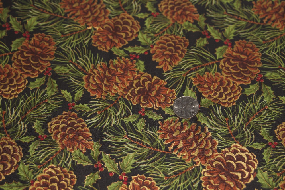 HOFFMAN CALIFORNIA *Premium Cotton Fabric * Pinecones & Holly * 1.5 yds x 44″