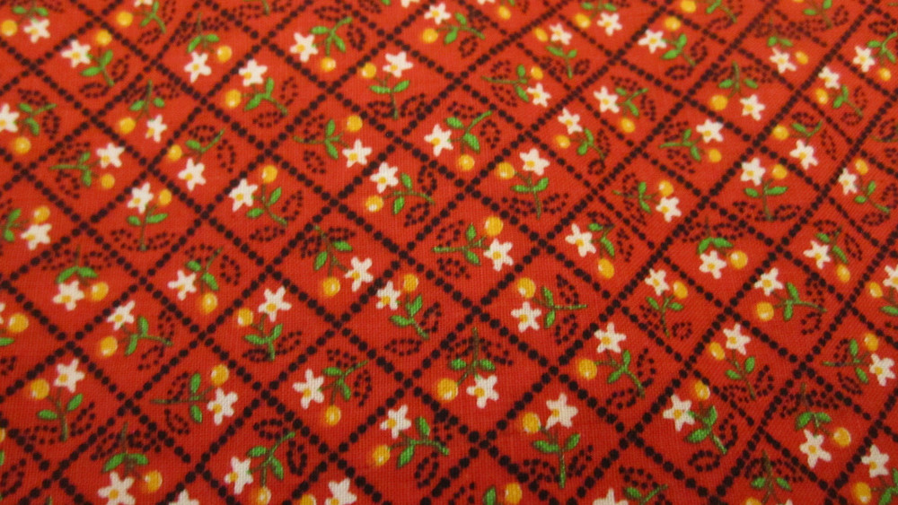 Cotton Fabric Tiny CALICO flowers WhiteYellow on Red Checkerboard 1yd 34x 44