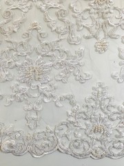 Helena-B IVORY Embroidered Damask Pattern with Faux Pearls and Beads on Mesh La