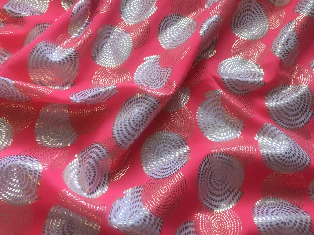 Orange Spandex with Gold Foil on White Circles Fabric – 32″repeat ~ 7/8 yd