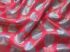 Orange Spandex with Gold Foil on White Circles Fabric – 32″repeat ~ 7/8 yd