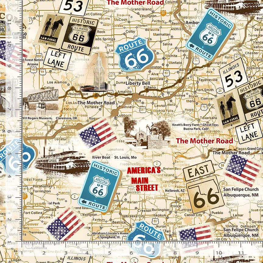 Travel Fabric | Route 66 Traffic Signs on Beige Map | Timeless Treasures YARD