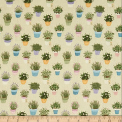 Stof of France Garden Potted Herbs Green Cotton Quilting Fabric By The Yard