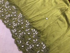 Green Silver Border Rhinestone Embroidery Taffeta Fabric 50” Width 1 Yd