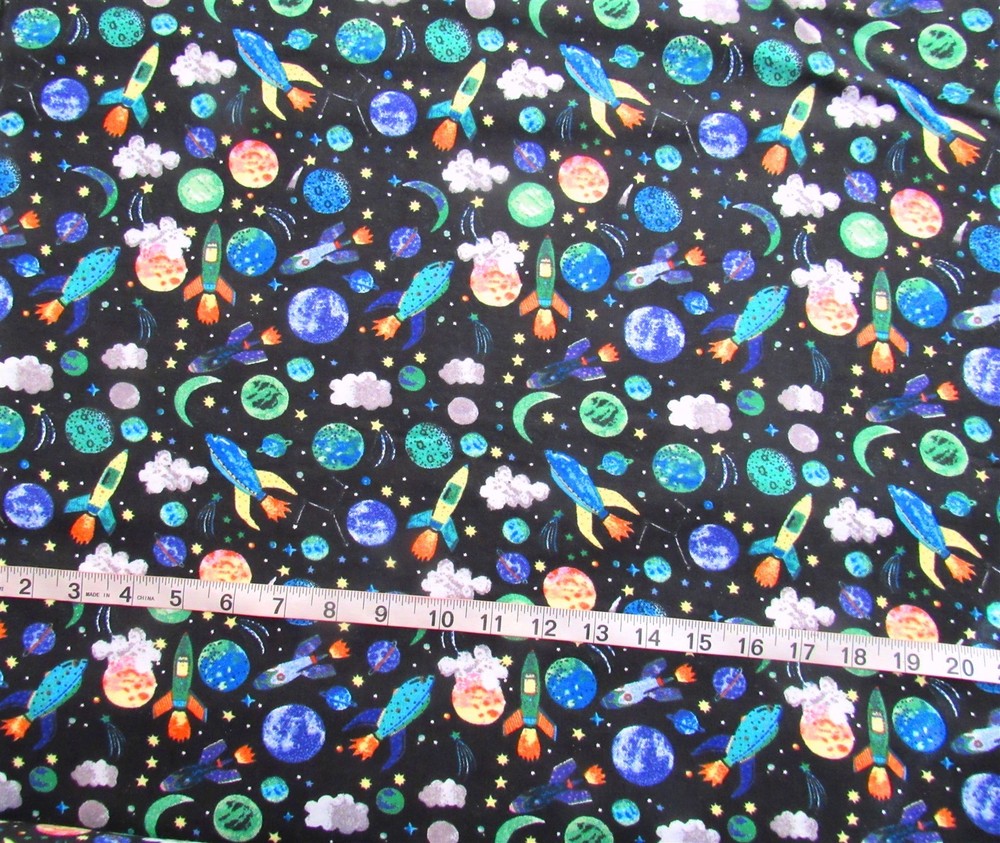 1 yd Flannel Fabric Snuggle Flannel Black with Spaceships and Planets