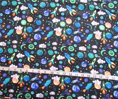 1 yd Flannel Fabric Snuggle Flannel Black with Spaceships and Planets