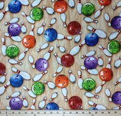 Cotton Sports Life Bowling Time Balls Pins Fabric Print by Yard D670.30
