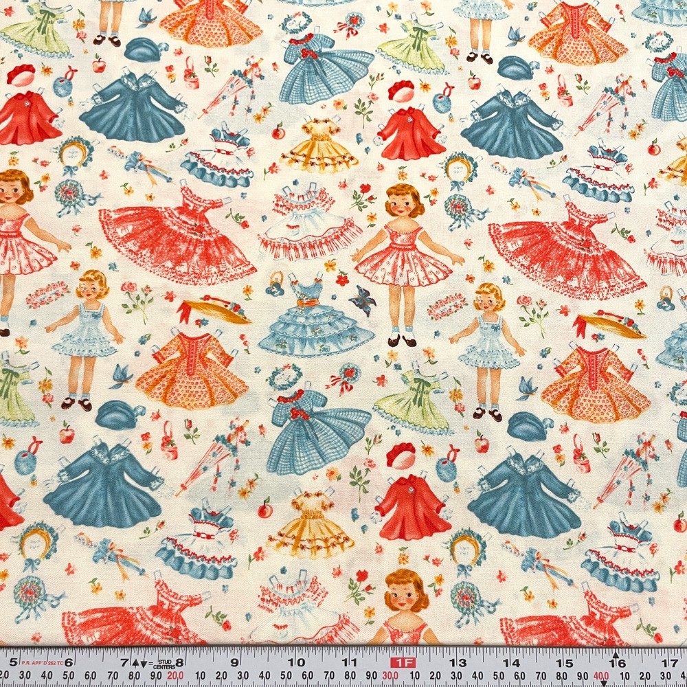 Michael Miller Retro Paper Dolls & Florals on Off White Cotton Fabric 3 Yards