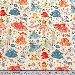 Michael Miller Retro Paper Dolls & Florals on Off White Cotton Fabric 3 Yards