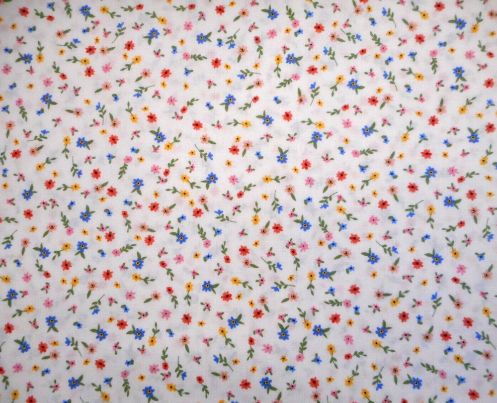 30s Reproduction Fabric By Half-Yard Sm Yellow Blue Pink Floral on White Cotton