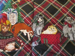 Cotton Blend FABRIC Hamil Textiles Christmas Cats Border on Tartan Plaid 1yd 34″