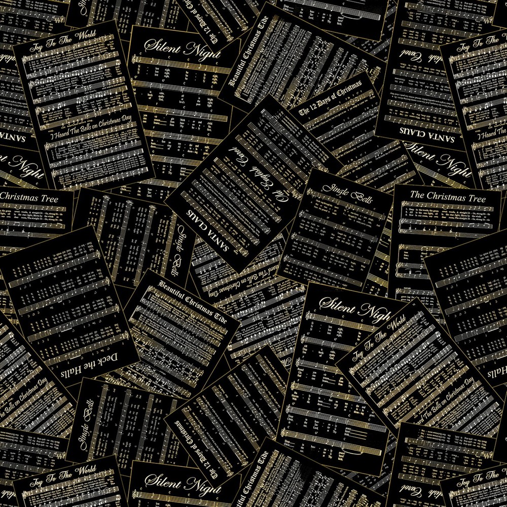 Christmas Musical Fabric | Song Sheet Music Toss Black | Kanvas Studio YARD