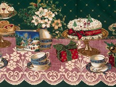 1.3 Yds 58″ Wide Christmas Holiday Border Fabric Desserts Gifts Tea Cups Cotton