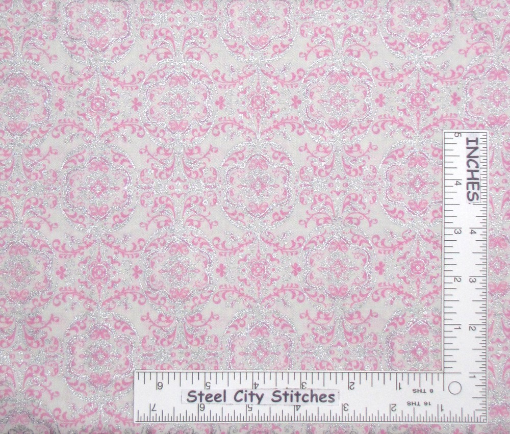 Floral Swirl Flower Fabric By The Yard Pink White Silver Accents Cotton