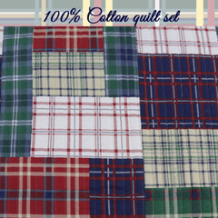 Navy Blue Green Red Plaid 100% Cotton Quilt Bedding Set, Reversible Coverlet, Be