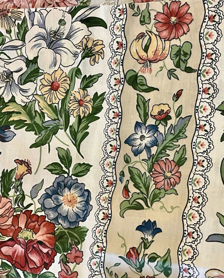 VTG Chintz Polished Cotton Multicolored Florals Ribbon w/ Lace Stripe 6½X 64″