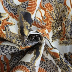 Gray & Rust Dragons & Clouds on White Japanese Cotton Dobby w/ Gold Metallic