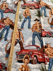 Alexander Henry Wranglers Shirtless Cowboy Fabric Sexy Country Truck Yd Blue
