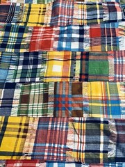 VTG ‘70’s Colorful Faux Madras Plaid Patchwork 3 ” Squares Cheater Quilt BTFQ