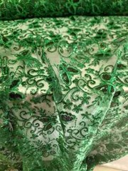 ´´Emerald Green Lace Fabric with Butterflies, Sequins, and Mesh for Dresses and