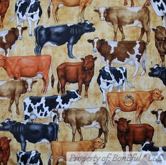 BonEful FABRIC FQ Cotton Quilt Brown Red Barn Farm Scenic Horse Pig Rooster Cow
