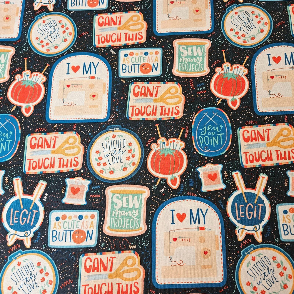 Stitched With Love BTY Loni Harris P&B Textiles Faux Patch Sayings on Navy
