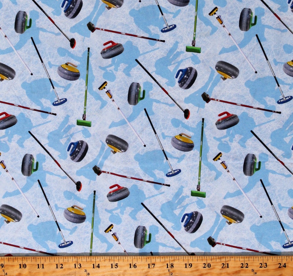 Cotton Sports Curling Ice Winter Equipment Blue Fabric Print by Yard D669.65