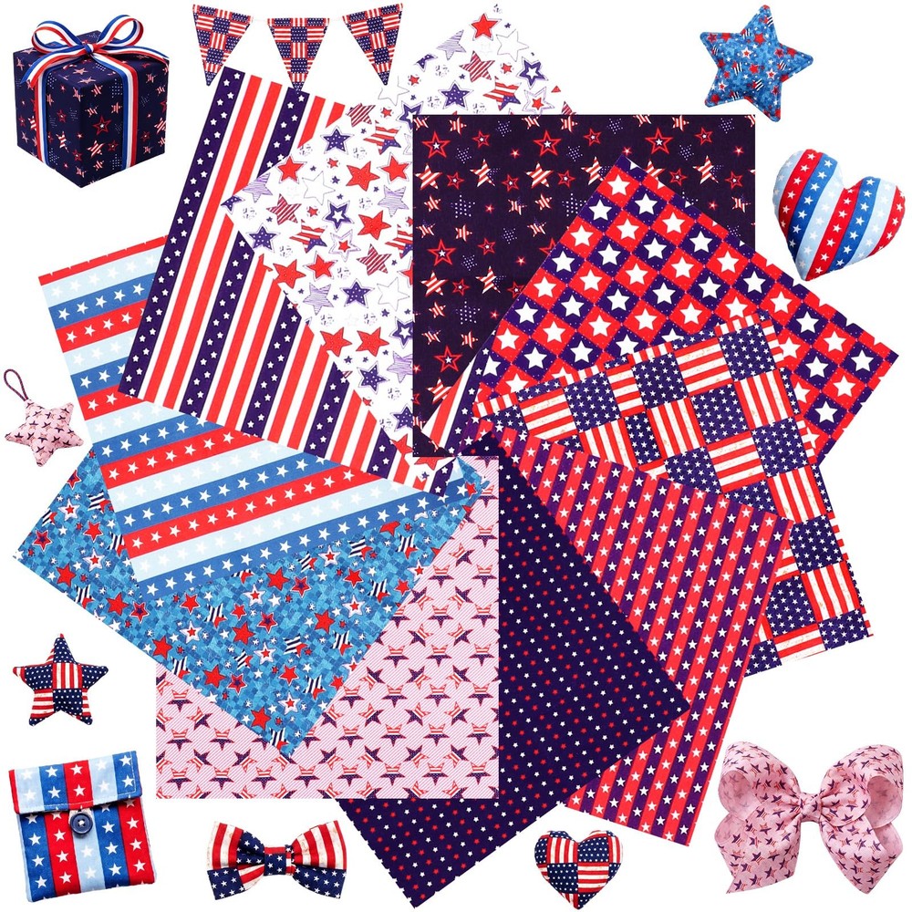 10 Pcs Patriotic Cotton Quilting Fabric Bundle, 20×20 Inch 4th of July Red White