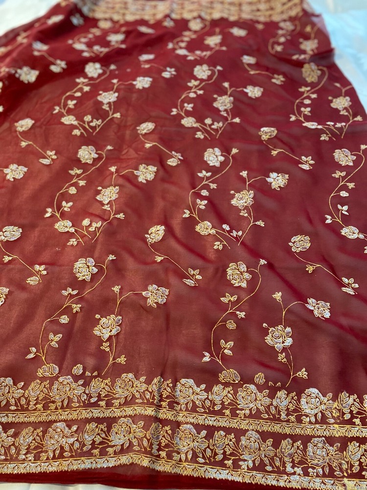 Border design chiffon sari fabric remnant wine color/silver glitter 1 yd 26″x44″