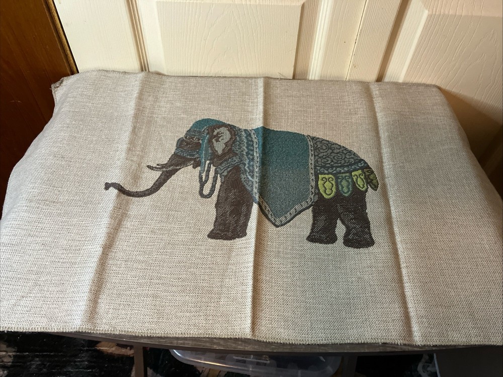 Fabric Sample Warrior Elephant Blue Green Ecru Grey Rectangle 28”X 17”silk Linen