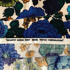 Vtg Riegel Material Fabric BOLD Floral Blue Green 2.5 Yd MCM Mid Century Tablecl
