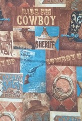 “Way Out West” Boots Sadle Cowboys Gun Rope Brown Blue fabric AYZ 1.25 Cotton