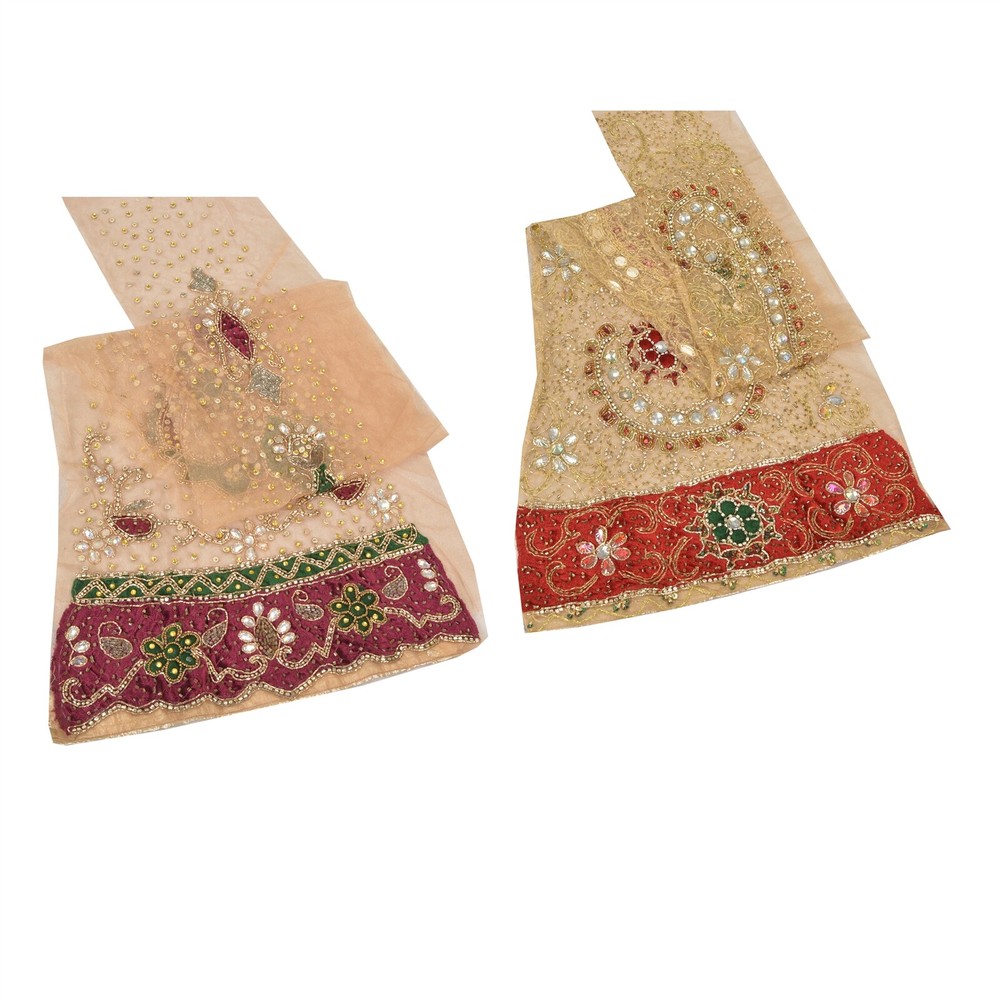 Sanskriti Saskriti Vintage Combo Of Design Fabric Hand Beads Net Mesh Cream Rhin
