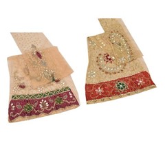 Sanskriti Saskriti Vintage Combo Of Design Fabric Hand Beads Net Mesh Cream Rhin