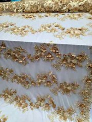 Gold 3D Floral Beaded Lace Fabric on Mesh with Embroidery by the Yard